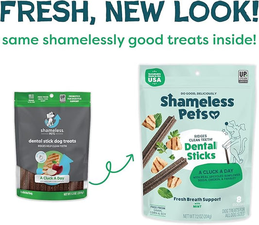 Shameless Pets Dental Treats for Dogs, A Cluck A Day - with Digestive Support for Teeth Cleaning & Fresh Breath - Dog Bones Dental Chews Free from Grain, Corn & Soy
