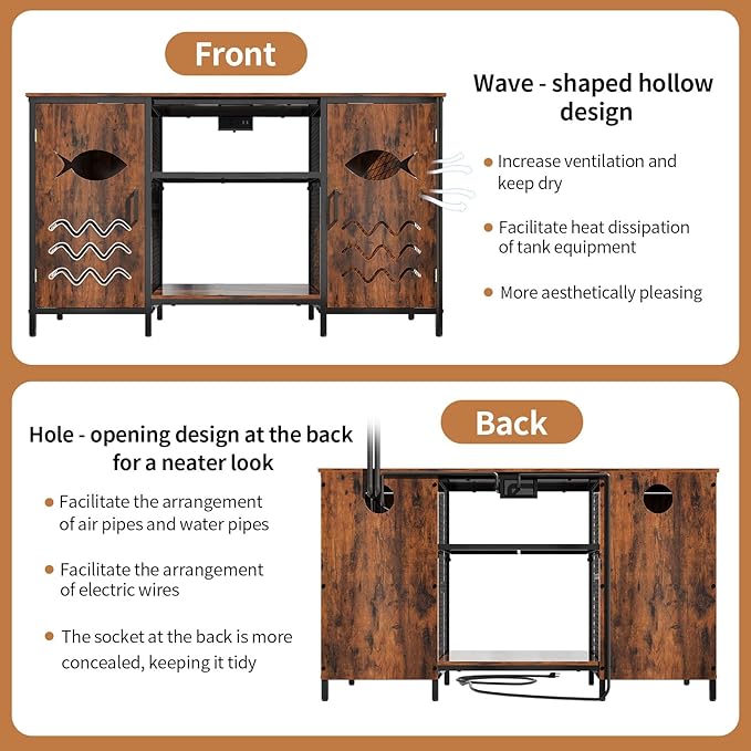 55-75 Gallon Fish Tank Stand with Power Outlet, 48 Inch Aquarium Stand with Cabinet and Shelf, Heavy Duty Metal Rack for Turtle Tank, Reptile Terrarium, 52.7''L×20''W×30.7''H, Retro Brown