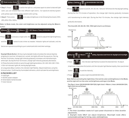 hygger LED Aquarium Light with Timer, 50W Full Spectrum Fish Tank Plant Growth Lamp, 24 H Remote Control, Adjustable Brightness & 10 Colors, Extendable Bracket, Power-Off Memory, Fits 48-52 Inch Tank