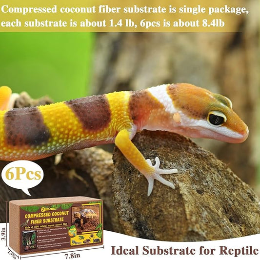 ZeeDix 6 Pack Coconut Fiber Substrate for Reptiles, 100% Organic Coco Coir Fiber Brick Reptile Substrate, Coconut Husk Terrarium Bedding for Reptiles, Bearded Dragon, Tortoise, Leopard Gecko, Snake