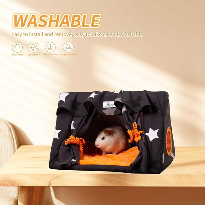 Guinea Pig Hideout with Curtain Guinea Pig Bed Curtain can be Retracted Bunny Hut Breathable Mesh Window Washable Skin-Friendly, for Hamster Hedgehog Chinchilla Small Pets