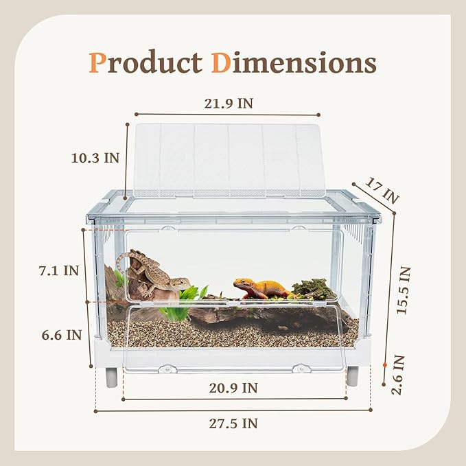 Large Clear Foldable Reptile Habitat Cage - Easy Assembly, Front Opening, Escape Proof Lock, for Hamster, Lizard, Hedgehog, Small Animals (27.5" L x 17" W x 15.5" H)