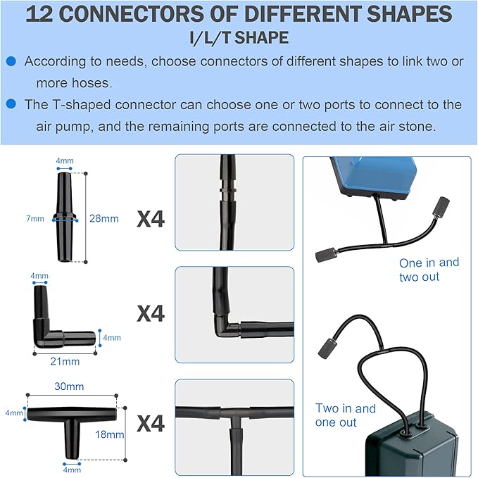 aquarium air pump accessories set-9.84/26.25/101.71 feet aquarium airline tubing hose,check valves,air stones and connectors of I,L,T shape (26.25 feet hose 8 stone 8 check valve 12 connector)