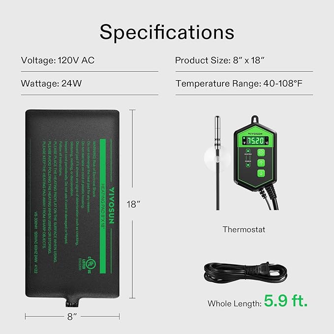 VIVOSUN Reptile Heating Pad 8x18 Inch with Thermostat Combo Under Tank Terrarium Heating Mat for Turtles, Lizards, Frogs, and Other Reptiles