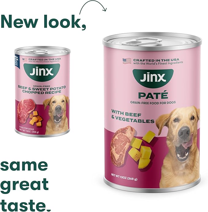Jinx Premium Wet Dog Food Cans - Beef Pate - Grain-Free Canned Dog Food Pate & Topper with Real Ingredients & No Fillers - All Life Stages, Breeds & Sizes - 12-Pack, 13 Oz
