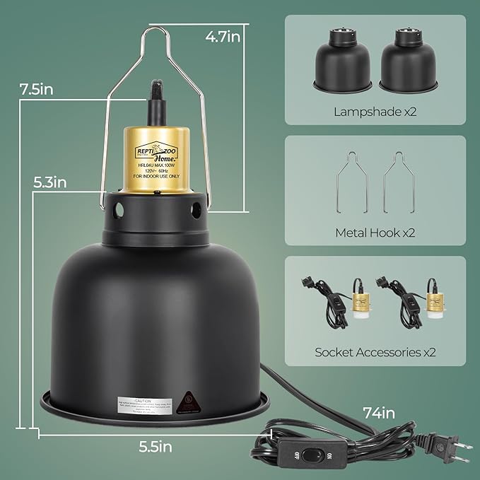 2 Pack Reptile Light Fixture, 5.5in Deep Dome Reptile Heat Lamp Fixture with Switch, Dual Terrarium UVB Basking Light Fixture for Bearded Dragon Snake, Suitable for E26 Bulbs Up to 100W