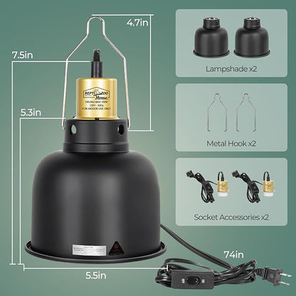 2 Pack Reptile Light Fixture, 5.5in Deep Dome Reptile Heat Lamp Fixture with Switch, Dual Terrarium UVB Basking Light Fixture for Bearded Dragon Snake, Suitable for E26 Bulbs Up to 100W