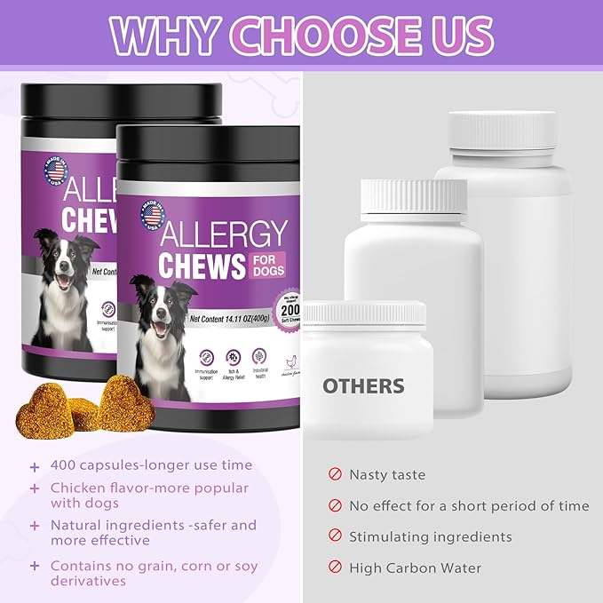 Dog Allergy Chews 400PCs ,Dog Allergy and Itching Skin Relief Anti Itch Aller Immune Bites for Dogs Itching licking Paws Treatment Relief Itchy Allergy Probiotics Vitamins for Skin and Coat Allergies