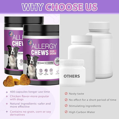 Dog Allergy Chews 400PCs ,Dog Allergy and Itching Skin Relief Anti Itch Aller Immune Bites for Dogs Itching licking Paws Treatment Relief Itchy Allergy Probiotics Vitamins for Skin and Coat Allergies