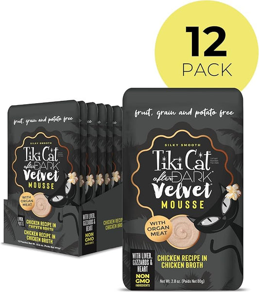 Tiki Cat After Dark, Velvet Mousse, Chicken Recipe in Chicken Broth, Grain & Potato Free Formula, with High Protein & Nutrient Dense Blended Irresistible Organ Meat, 2.8 oz. Pouch (12 Count)