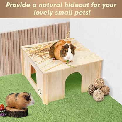 PAWCHIE Wooden Hut for Guinea Pig with Windows - Detachable and Large Size Wood House, Suitable for Guinea Gigs, Hamsters, Chinchillas and Other Small Animals Hideout