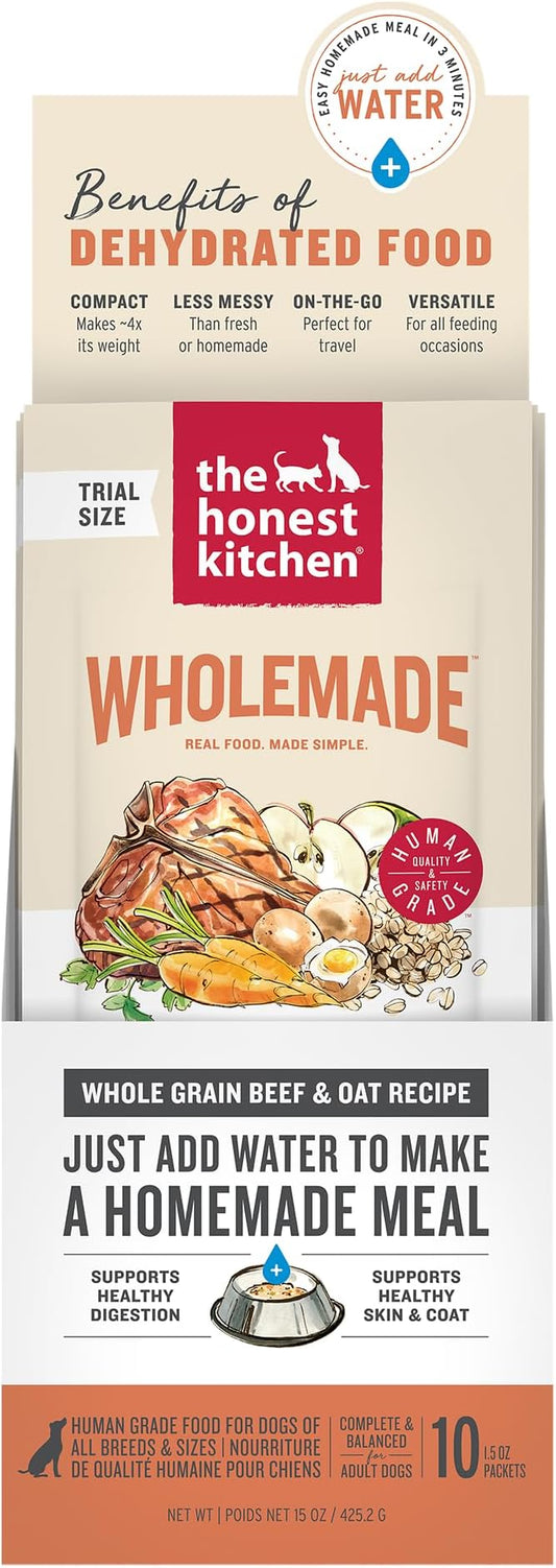 The Honest Kitchen Human Grade Dehydrated Whole Grain Dog Food – Complete Meal or Dog Food Topper – Beef 10-Pack of 1.5 oz Sachets