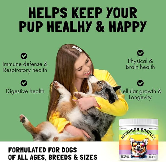 Mushroom Complex Treats for Dogs with Reishi, Shiitake, and Turkey Tail Mushrooms for Cognition and Immune Boosting Supports Digestive Health and Reduces Inflammation DHA EPA Turmeric Kelp (120pcs)