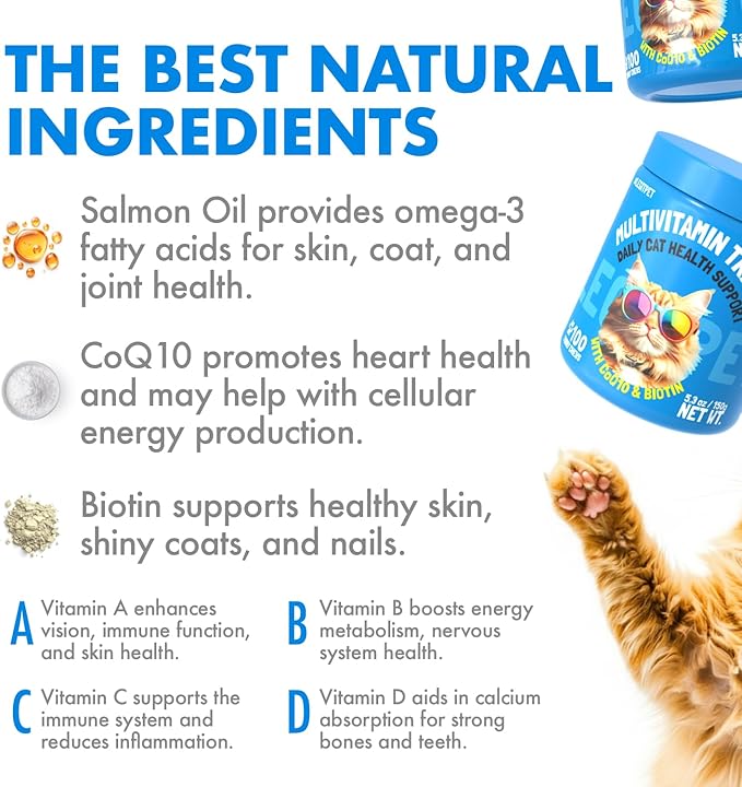 Multivitamin Cat Treats Vitamins for Indoor Cats Skin & Coat Digestion Immunity Mobility Heart & Brain Support Supplements for Overall Cat Health with Vitamins A B C D E and Biotin 100 Yummy Chews
