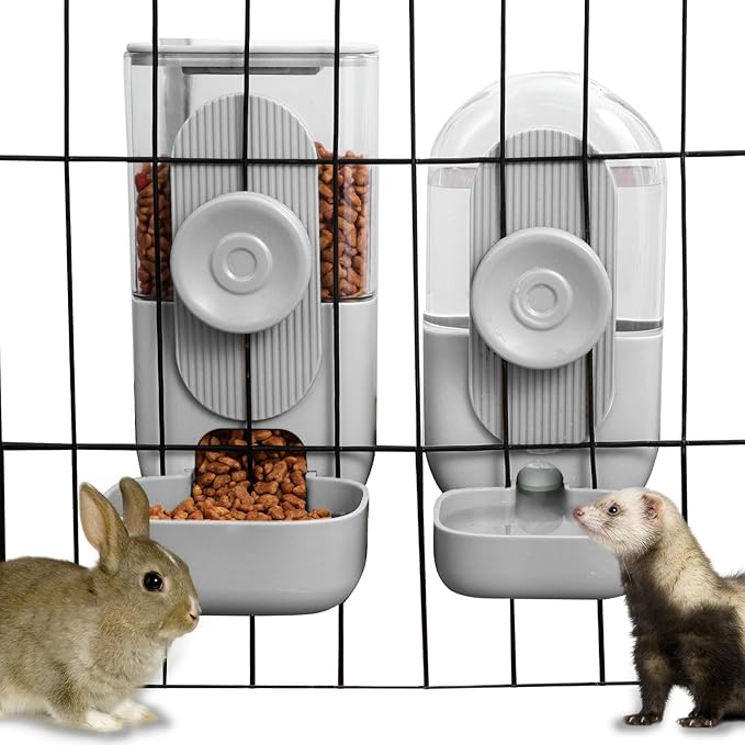 Hanging Automatic Rabbit Feeder for Cage,Dog Cat Food and Water Dispenser,Rabbit Water Bottle Guinea Pig Food Bowl Set,Gravity Feeder for Cats Dogs (Gray)