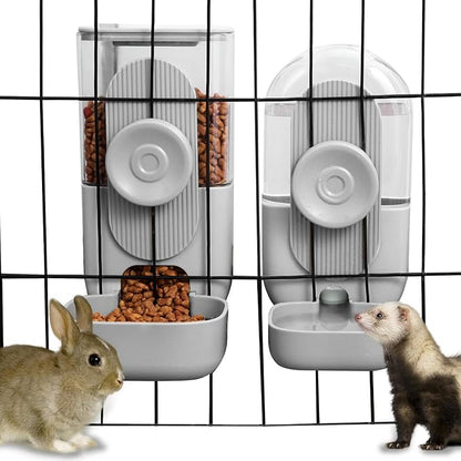 Hanging Automatic Rabbit Feeder for Cage,Dog Cat Food and Water Dispenser,Rabbit Water Bottle Guinea Pig Food Bowl Set,Gravity Feeder for Cats Dogs (Gray)