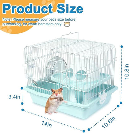 1 PCS Dwarf Hamster Cage Portable, 2-Tier Small Animal Habitat Travel Hamster Cages with Exercise Wheel, Water Bottle, Food Dish for Dwarf Hamsters, Mice, Gerbils (Grey/Blue/Pink, Random Delivery)