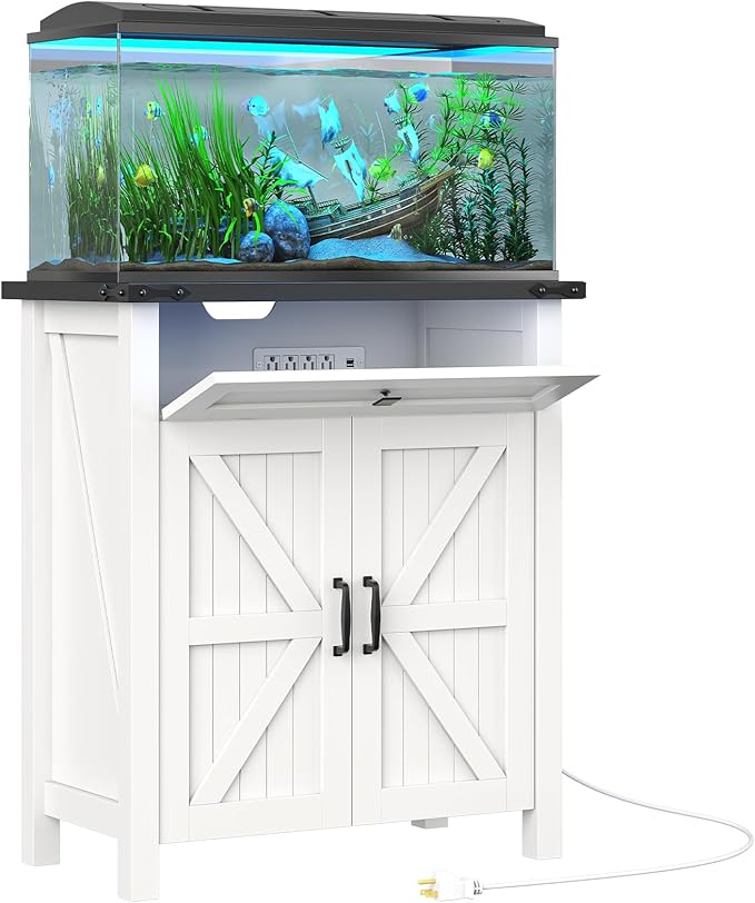 20 Gallon Fish Tank Stand with Power Outlets, Farmhouse Decorative Aquarium Stand Furniture with Adjustable Shelves, 10-20 Gallon Reptile Turtle Tank Stand with Cabinet Storage (White, 20GL)