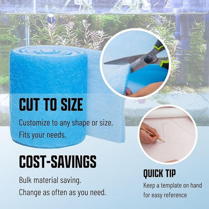 Premium Aquarium Filter Media Pad - Cut-to-Fit Roll, Fresh and Saltwater Safe, Blue & Dye-Free Options, Made in USA(Blue Bonded, 12"x96"(8 ft) by 0.75")