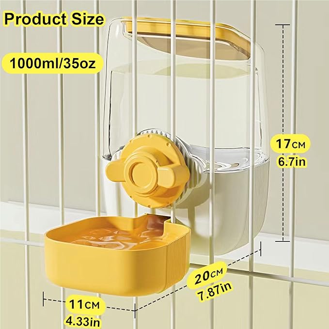 35oz Rabbit Water Bottle, Pet Hanging Automatic Water Dispenser for Small Animal Ferret Guinea Pig Chinchilla Dog Cat (Cage Grid Spacing 1.1''-2.1'') (Yellow)