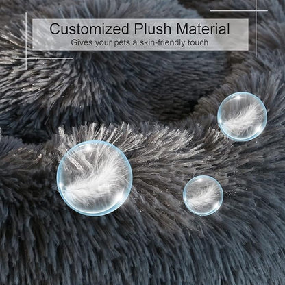 Dog Bed, Cat Calming Bed, Faux Fur Pillow Pet Donut Cuddler Round Plush Bed for Large Medium Small Dogs and Cats (Dark Grey, 44.0" L x 44.0" W x 7.0" Th)