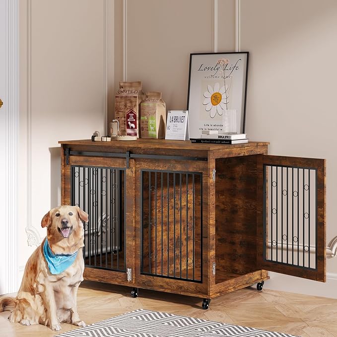 IchbinGo Large Dog Crate Furniture, 47" Wooden Dog Kennel with Sliding Barn Door, Flip-Top Lid & Wheels, Indoor Pet Crate Table with Detachable Divider for Small/Medium/Large Dogs (Rustic Brown)