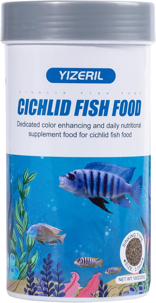Cichlid Fish Food - High Protein Sinking Pellets for Large Cichlids,Tropical FishNatural Color Enhancer,Growth Support & Cleaner Water (10oz)