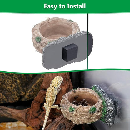 Magnetic Reptile Feeding Ledge, Gecko Feeder Ledge with One Piece Cup, Hollow Vine Food Dish, Reptile Water Bowl for Bearded Dragon Lizard Snake