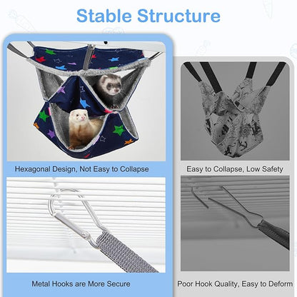 Glittme 3-Layer Ferret Hammock Soft Guinea Pig Hammock Washable Rat Hammock Hamster Cage Accessories Cozy Ferret Bed Toys for Small Animals Pet Sugar Glider