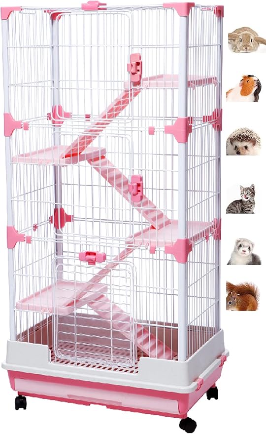 X-Large Pink Deluxe Muli-Level Indoor Rabbit Hutch Cage for Ferret Squirrel Chinchilla Solid Platform Ramp Paw Safe Mesh Floor Pull Out Leakproof Easy Clean 2-Inch Deep Tray Lockable Casters