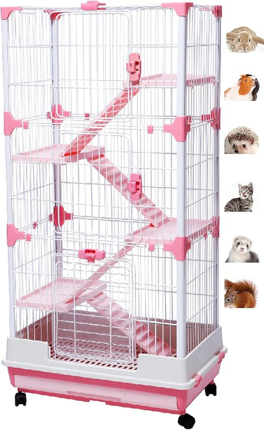X-Large Pink Deluxe Muli-Level Indoor Rabbit Hutch Cage for Ferret Squirrel Chinchilla Solid Platform Ramp Paw Safe Mesh Floor Pull Out Leakproof Easy Clean 2-Inch Deep Tray Lockable Casters