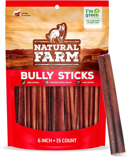 Natural Farm Odor-Free Bully Sticks (6 Inch, 15 Count), Single Ingredient: 100% Beef Chews, Grass-Fed, Non-GMO, Grain-Free, Fully Digestible Treats for Puppies, Small or Senior Dog