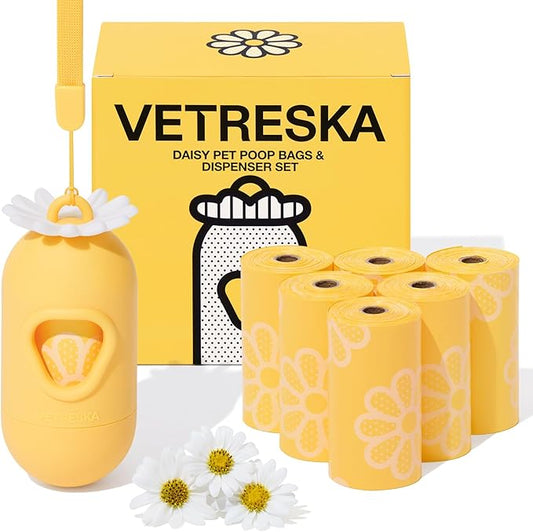 VETRESKA Dog Poop Bag Dispenser with Daisy Scented Waste Bags Leak-proof and Extra Thick Poop Bags for Dog Walking and Cat Litter 1 Holder and 105 Bags (7 Refill Rolls)