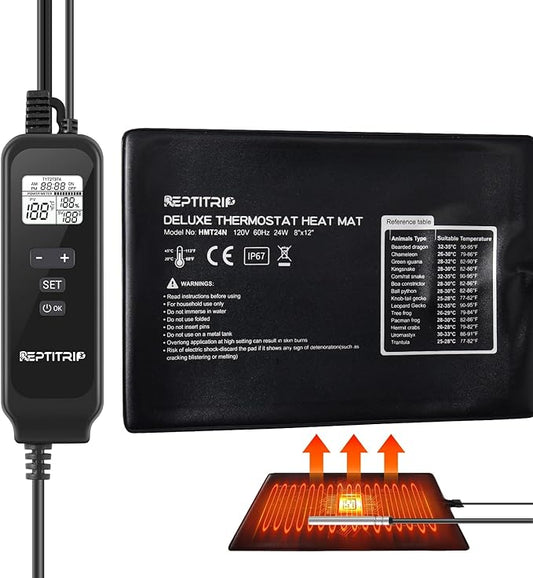 Reptile Heating Pad with PID Thermostat 8"X12" 24W, Reptile Heat Mat for 30-40gal Tank, Heat Pad with High Temperature Protection °F/°C, for Turtle/Snake/Lizard/Frog/Spider/Plant