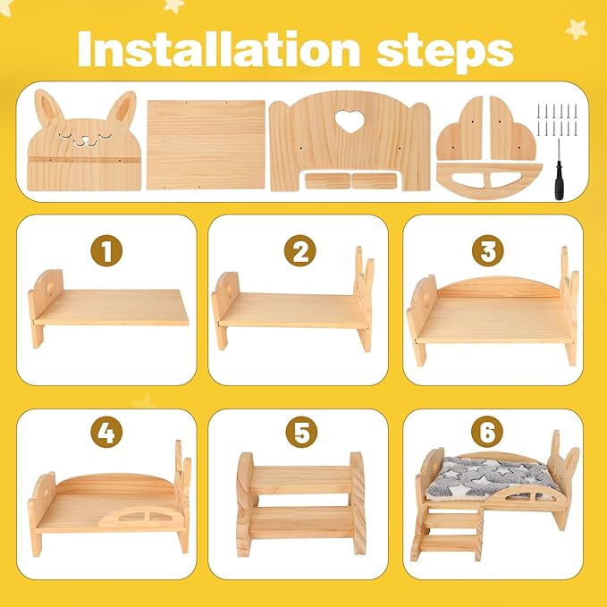 Rypet Wooden Guinea Pig Bed with Stairs and Mat Cozy Small Animals Cushion Bed Detachable Small Pet Hut Habitats for Guinea Pig Dwarf Rabbit Chinchillas Hamster Ferret