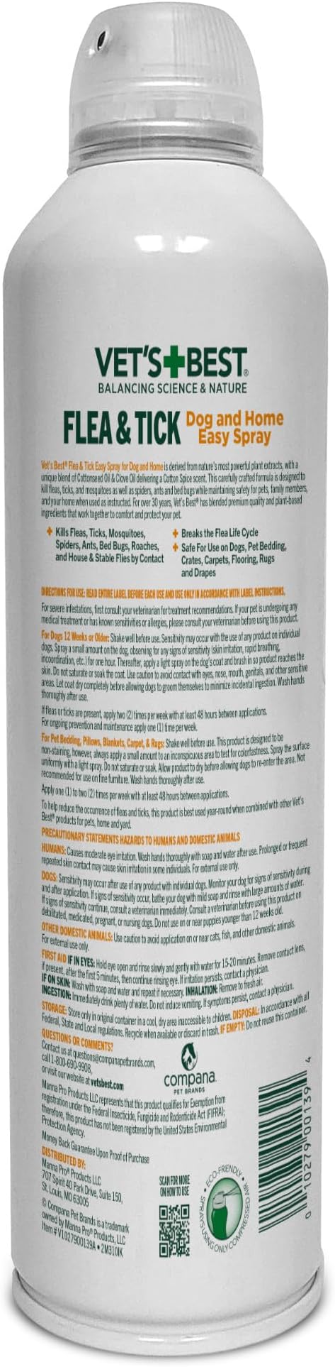 Vet's Best Natural Flea and Tick Easy Spray for Dogs – Cotton Spice Scent – Natural Flea & Tick Prevention – Kills Pests on Contact – Plant-Based Formula – Made in USA – 14 oz