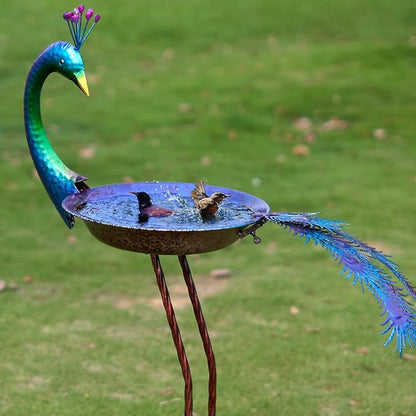 12.8" W*38.2" H Peacock Bird Baths for Outdoor, Metal Bird Feeder Seed Trayr,Bird Bath Drinker Plate, Garden Lawn Yard Decor(Multicolor)