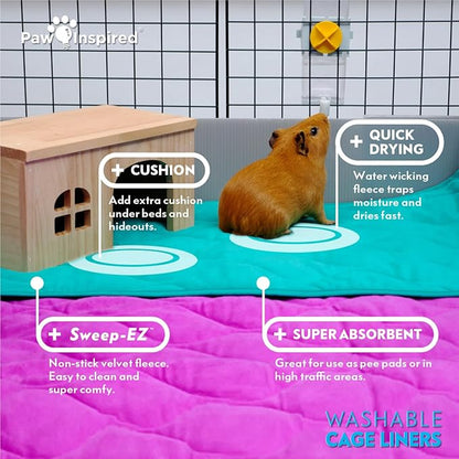 Paw Inspired Guinea Pig Cage Liners | Washable Fleece Bedding, Waterproof Bottom | Super Absorbent Pee Pad or Pet Bed Mat for Guinea Pigs, Ferrets, Rabbits, Hamsters, Small Animals (C&C 2x1, Green)