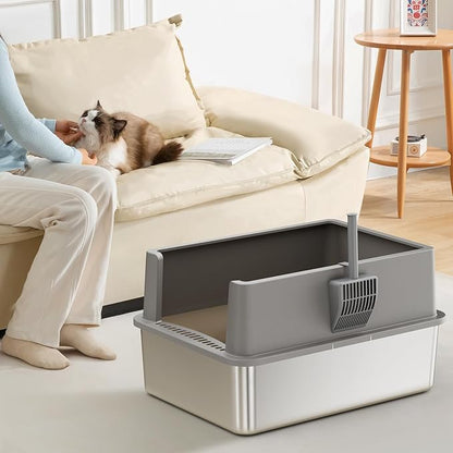 2 Pack 28" Extra Large XXL Stainless Steel Cat Litter Boxes with Lid Metal Cat Litterbox Pan for Big Cats and Multiple Cats, Anti-Leakage, Easy Cleaning, Include Scoop