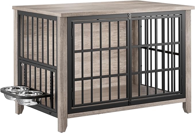 Lulive 37.8" Dog Crate Furniture, Large Wooden Dog Kennel Indoor with 360°& Adjustable Raised Dog Bowls, Double Doors Furniture Decorative Side End Table Dog Cage for Medium Dogs, Grey