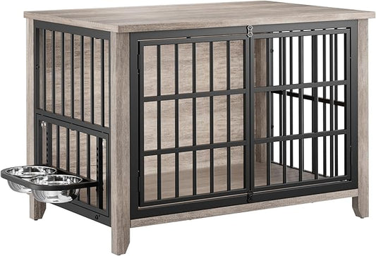 Lulive 37.8" Dog Crate Furniture, Large Wooden Dog Kennel Indoor with 360°& Adjustable Raised Dog Bowls, Double Doors Furniture Decorative Side End Table Dog Cage for Medium Dogs, Grey