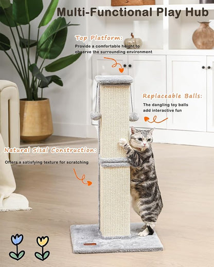 Cat Scratching Post, 33Inch Tall Cat Scratch Post for Indoor Cats Adults and Kitten, Sisal Cat Scratcher with Hanging Balls (Grey)