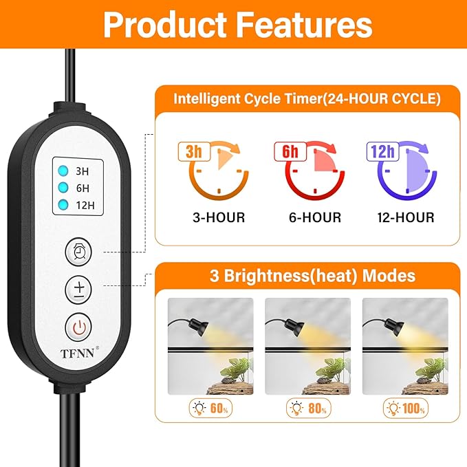 Reptile Heat Lamp, Heat Lamp with Clamp, UVA UVB Reptile Light with Intelligent Cycle Timer for Turtle, Bearded Dragon, Lizard and More, 2 Bulbs 50W+75W