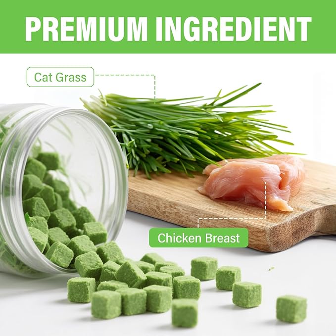 Natural Cat Grass Treats for Indoor Cats | Salmon & Catnip Dental Snacks | Hairball Control & Teeth Cleaning | Freeze-Dried Training Rewards