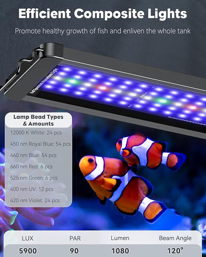 Pawfly 36W Saltwater Aquarium Light for 36" to 45" Fish Tanks Dimmable LED Reef Light for Coral Extendable Marine Fish Tank Light with Full Spectrum D/N Mode Timer Auto On/Off Adjustable Brightness