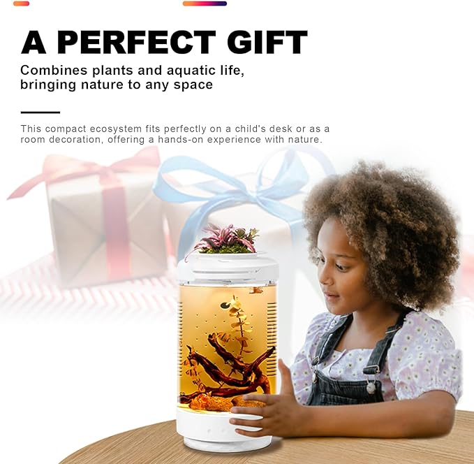 FZONE 1.2Gal Small Fish Tank with Plant Pot, All-in-one Desktop Aquarium Kit with Adjustable 4 Color Light Modes,20dB Filtration Pump,Detachable Backdrop,Invisible Touch Switch, Office & Home Decor