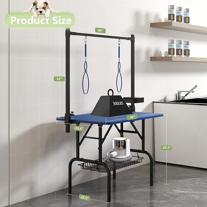 VFK 36''/47''Large Dog Grooming Table, Foldable Pet Station at Home, Dog Grooming Table,Adjustable Cat Drying Desktop with Arms, Nooses, Mesh Tray (Basic pet Table, 36" Blue)