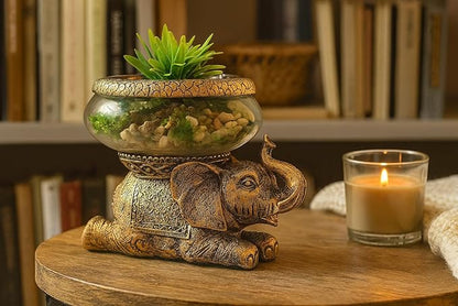 Good Luck Elephant Glass Bowl – Gold Antiqued Decorative Figurine with Removable Glass Bowl – Terrarium, Candle Holder, or Tabletop Aquarium – Polyresin Home Décor with Gift Box