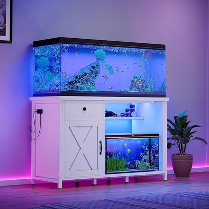 4ever2buy 55-75 Gallon Fish Tank Stand with Power Outlets, LED Light, Heavy Duty Aquarium Stand with Cabinet for Fish Tank Accessories Storage, for Turtle Tank, Reptile Terrarium, 1100LBS, White