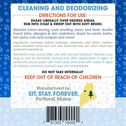 Sit. Stay. Forever. Dry Shampoo for Dogs & Cats – Organic Dry Bath Powder, Talco para Perros, Hypoallergenic, Odor Control for Smelly Dogs, No-Rinse, Anti-Itch, Safe & Natural, Made in The USA, 28 oz